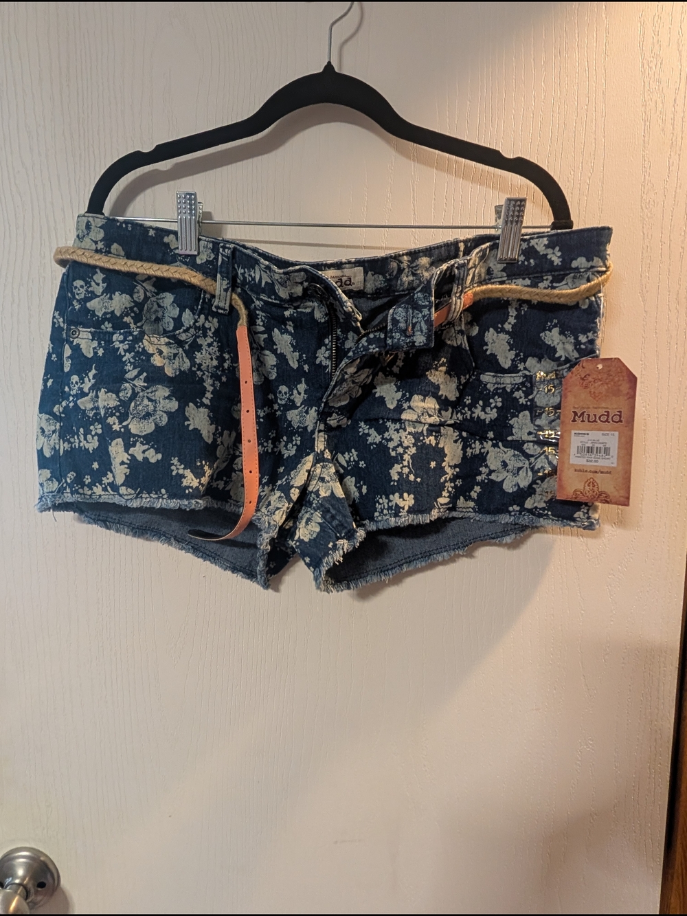 Mudd Navy Floral And skulls Denim Shorts with Braided Tan Belt (B117)